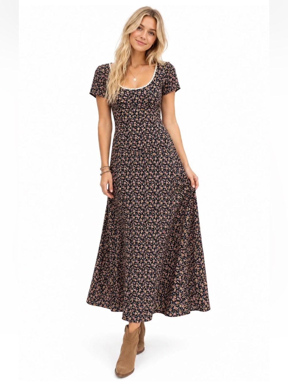 Natural Life Floral Maxi Dress Juliette Women's Size Small Short Sleeve Boho NWT
